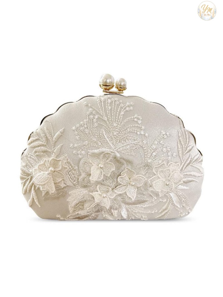 Women Floral Embroidered Clutch Evening Bag Crossbody W/ Pearl Chain